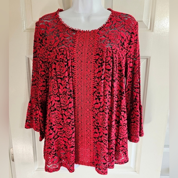 John Paul Richard Red Floral Burnout Lace Bell Sleeve Blouse Size M Y2K Romantic - Picture 2 of 8